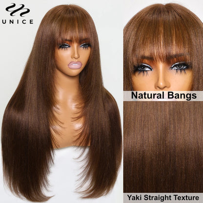 Unice Yaki Straight 4x2 Lace Wig #4 Brown Color Human Hair Wig With Bangs Layered Cut Glueless Wigs Human Hair Ready To Wear