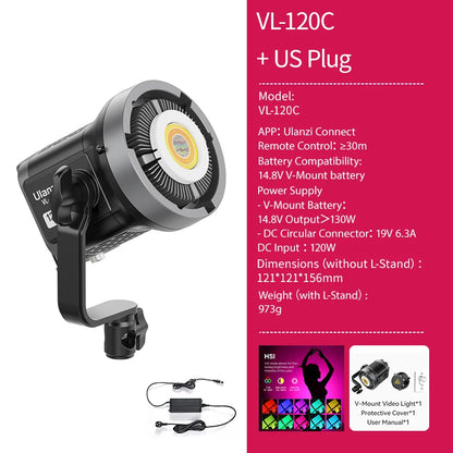 Ulanzi VL-120C 120W V-Mount RGB Full Color COB Video Light Wireless APP Control 2700K-6500K for Video Photography Studio Shoot