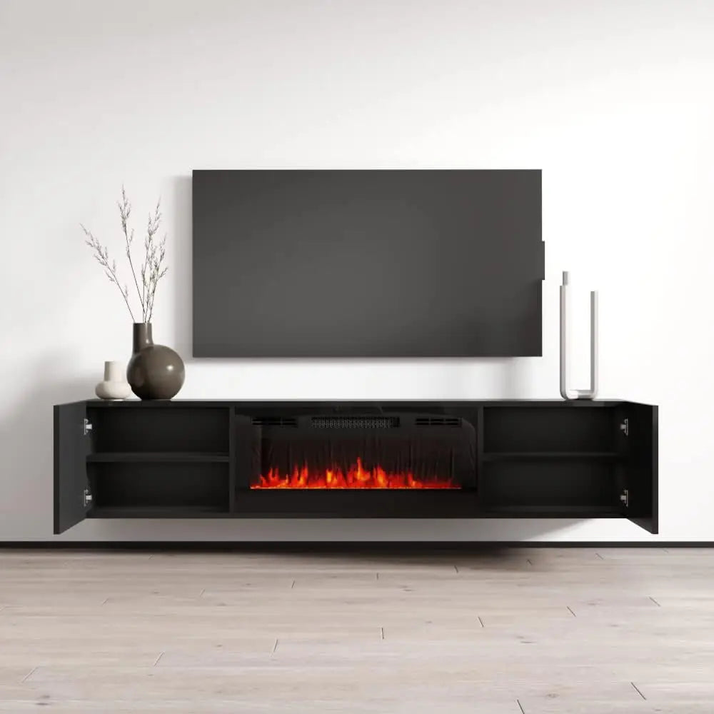 Cali BL-EF Floating Fireplace TV Stand for TVs up to 80" Modern High Gloss 72" Entertainment Center Wall Mounted Electric