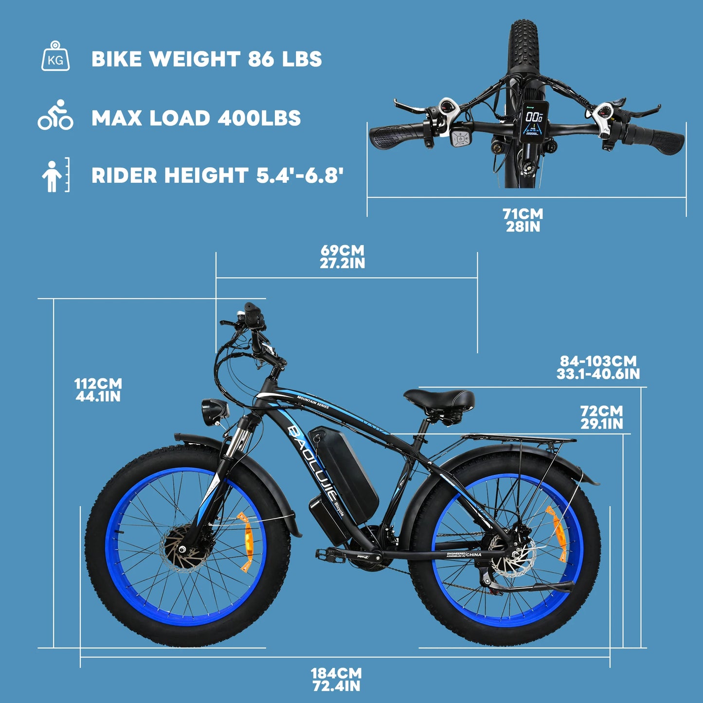 Baolujie 2000W Electric Bike with 20AhRemovable Battery 26"×4"Fat Tire Ebike for Adults 35MPH 80MilesElectric Bicycles