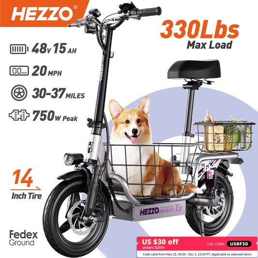 HEZZO Foldable Electric Scooter Seat & Basket 48V 15Ah 500W Full Suspension Powerful T3 Commute Escooter 20Mph 37Miles LongRange