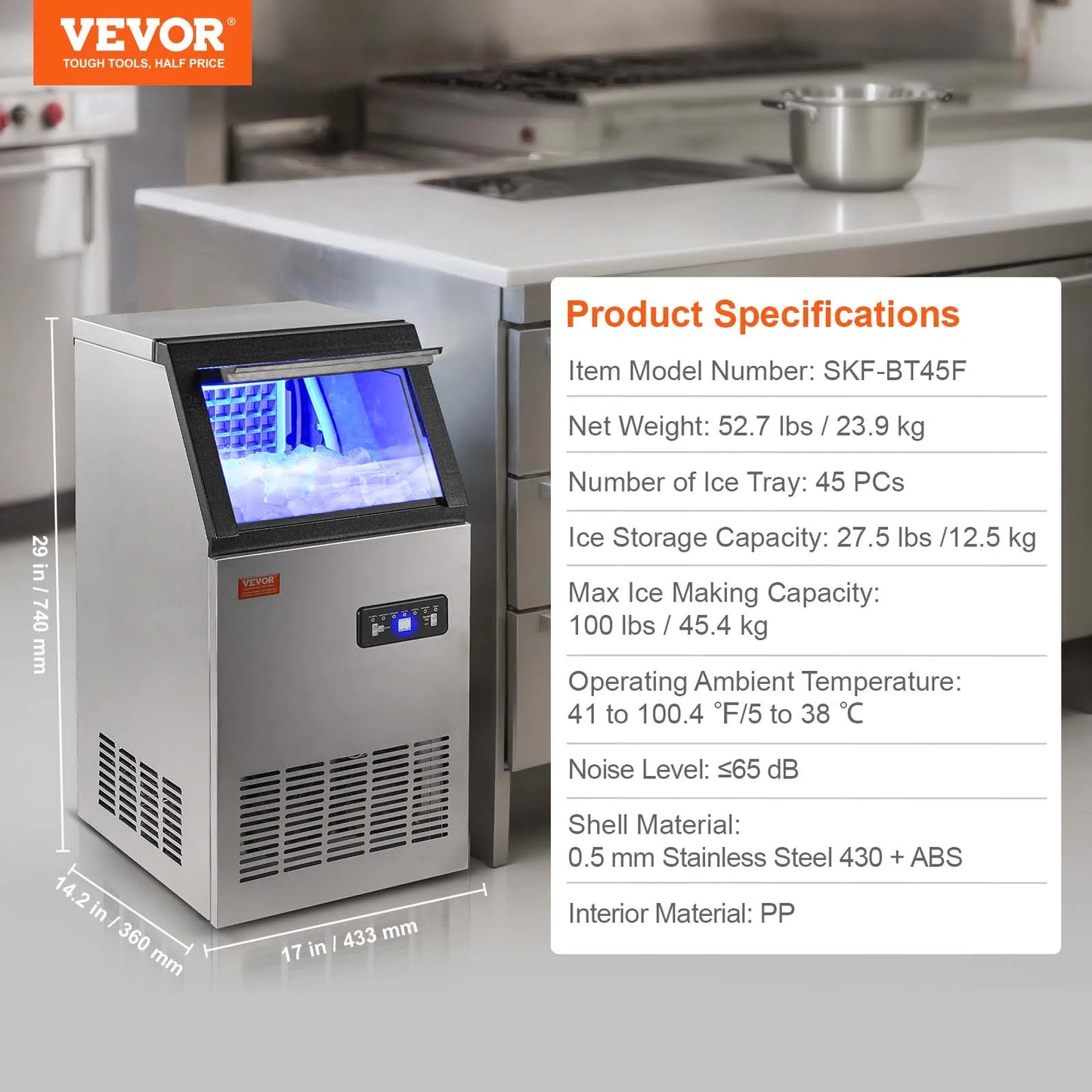 VEVOR Commercial Ice Maker 100lbs/24H Ice Maker Machine 45 Ice Cubes in 12-15 Minutes Freestanding Cabinet Ice Maker LED Display