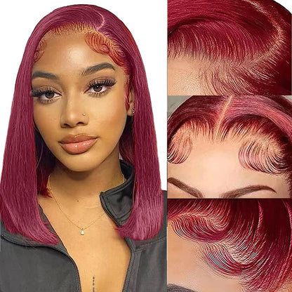 99J Burgundy Straight Bob Wigs Wear and Go Glueless Wigs 13x4 Lace Front Human Hair Wigs Pre Cut No Glue For Women Red Colored