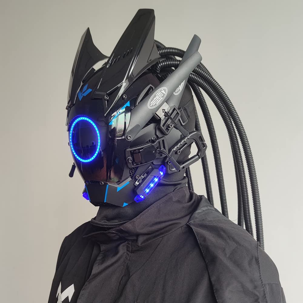 JAUPTO Cyberpunk mask  round lights with woven masks role-playing Halloween suitable for party music festival accessories