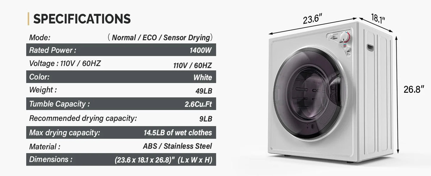 Portable Clothes Dryer, Electric Compact Front Load Tumble Laundry Dryer with Stainless Steel Tub & Easy Control Knob, Home,Dorm