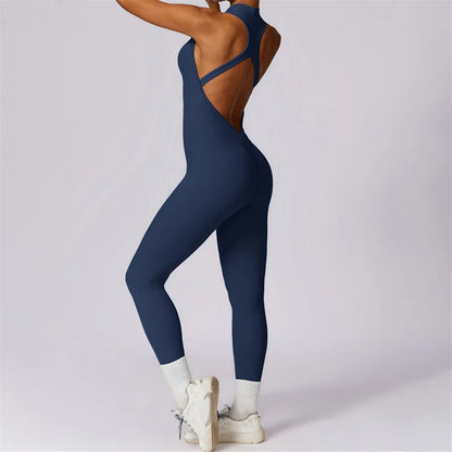 Backless Jumpsuits Zipper Sports Bodysuits Women Yoga Sets Sportswear Fitness Overalls One Piece Suit Workout Playsuit Female