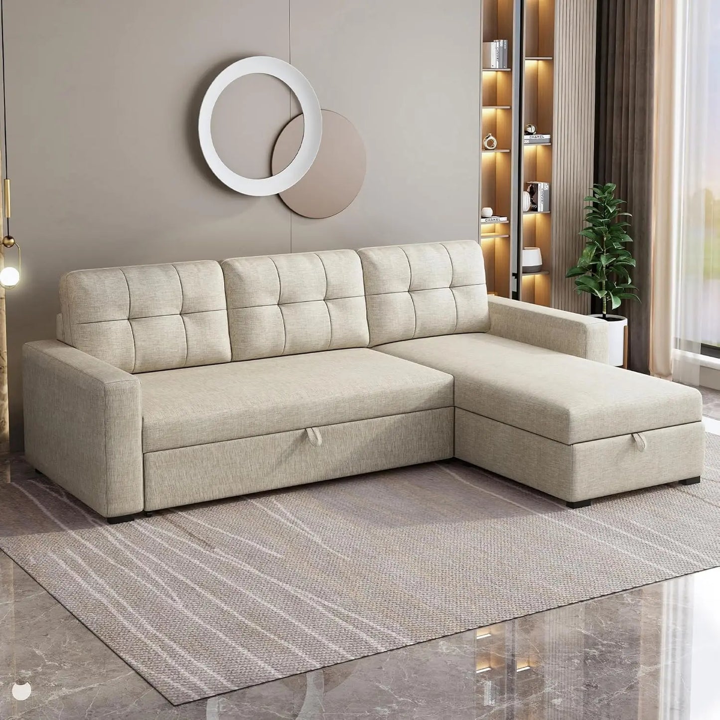 81.5" Sectional Sleeper Sofa with Storage Chaise, L Shaped Pull Out Couch Bed with 3 Removable Back Cushion for Living Room, Apa