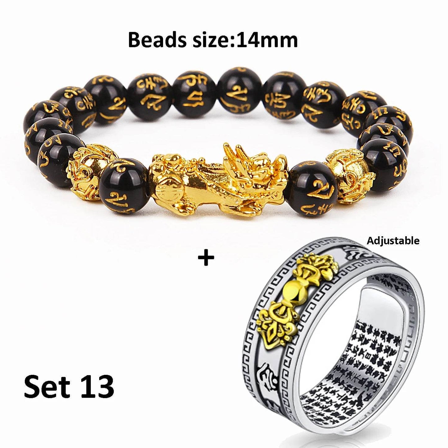 Unisex Men Pixiu Charms Ring Bracelet Chinese Feng Shui Amulet Wealth and Lucky Open Adjustable Ring Bead Bracelet - MarvelouStoree