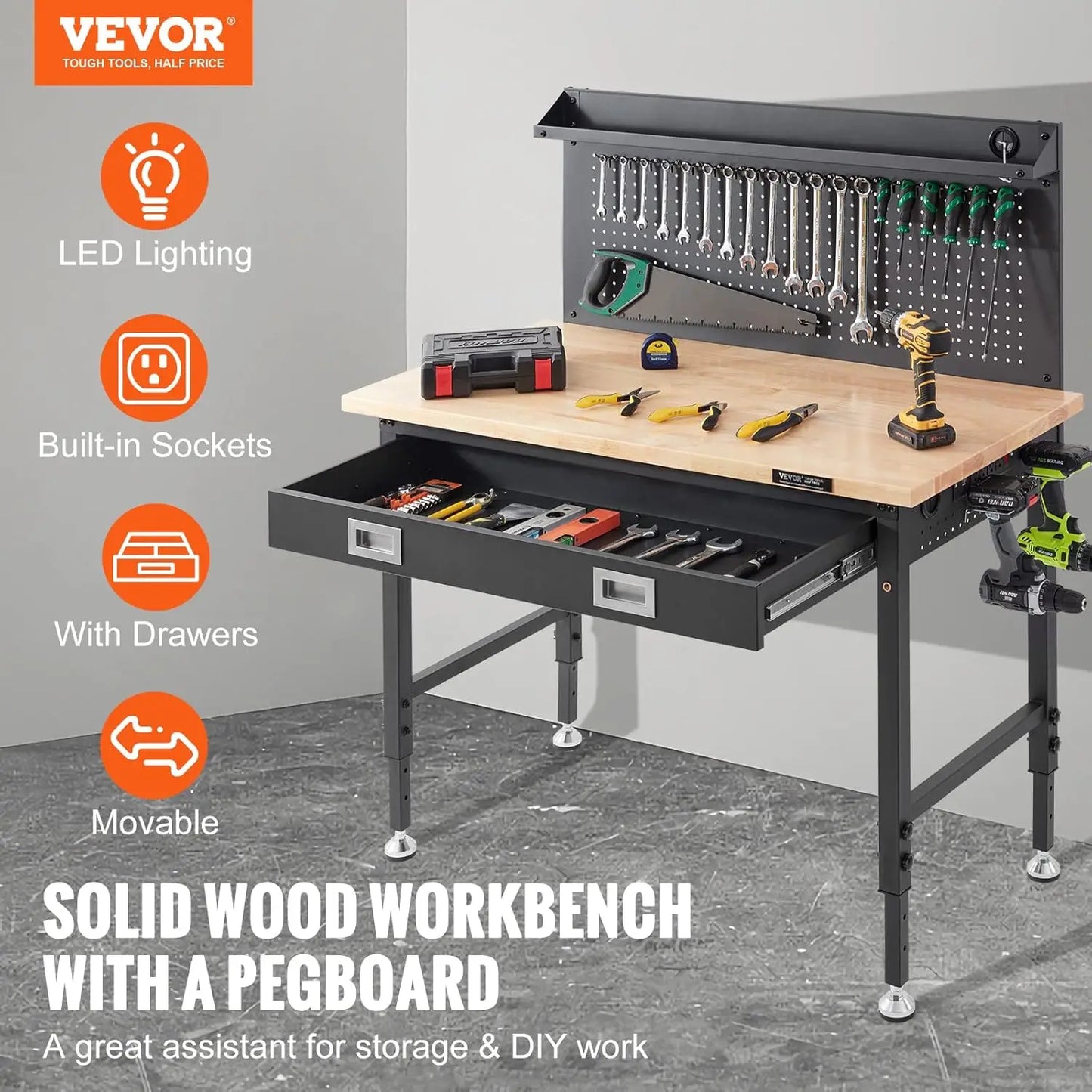 Workbench Adjustable Height 28-39.5" Work Bench for Garage Oak Plank & Carbon Steel Heavy Duty Workbench 2000lbs Weight Capacity