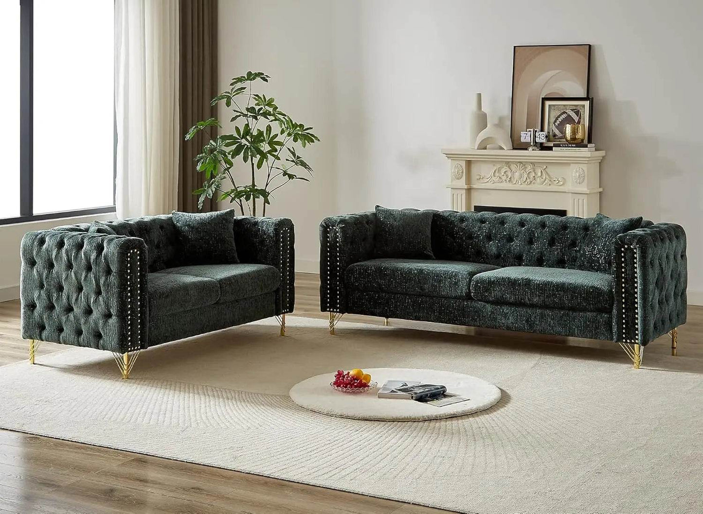 2 Pieces Chenille Living Room Furniture Sofa Couch Set,Button Tufted Comfy Couch with Nailhead Trim&Metal Legs - MarvelouStoree