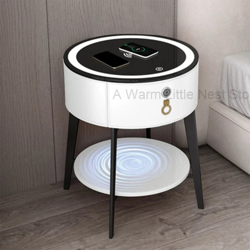 Round Tiny Table Bedside Table Voice-activated Smart Multifunction Lock Wireless Coffee Charging Nightstands Bedroom Cabinets