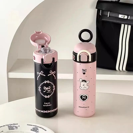 Cute Insulated Water Bottle Tumbler Kawaii Stainless Steel Thermos With Handle Straw For Coffee Tea Juice Portable Thermal Cups