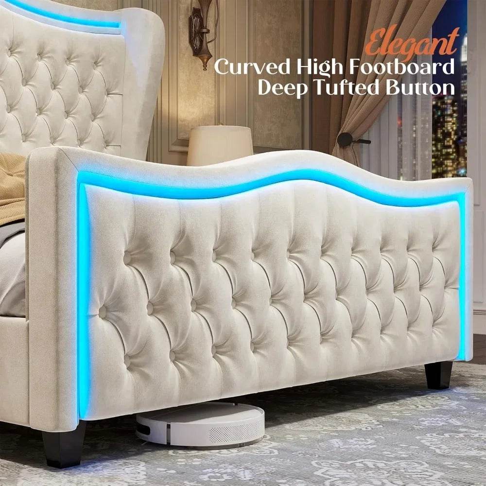 King Size Bed Frame with LED Lights, 53'' Upholstered Platform Wingback Bed with Handmade Deep Button Tufted Headboard Footboard - MarvelouStoree