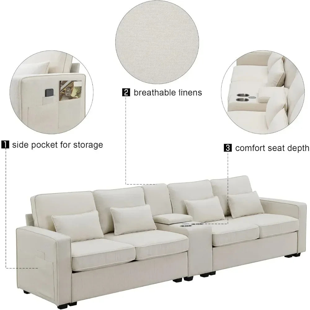 Upholstered Sectional Sofa with Console, Holders and USB Ports & Wirelessly Charged, for Living Room, Apartment,Office,114.2inch