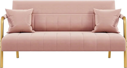 56.5" W Modern Loveseat 2 Seater Sofa Luxurious Velvet Fabric Couch with Gold-Tone Metal Arms and Legs for Bedroom, Studio Pink