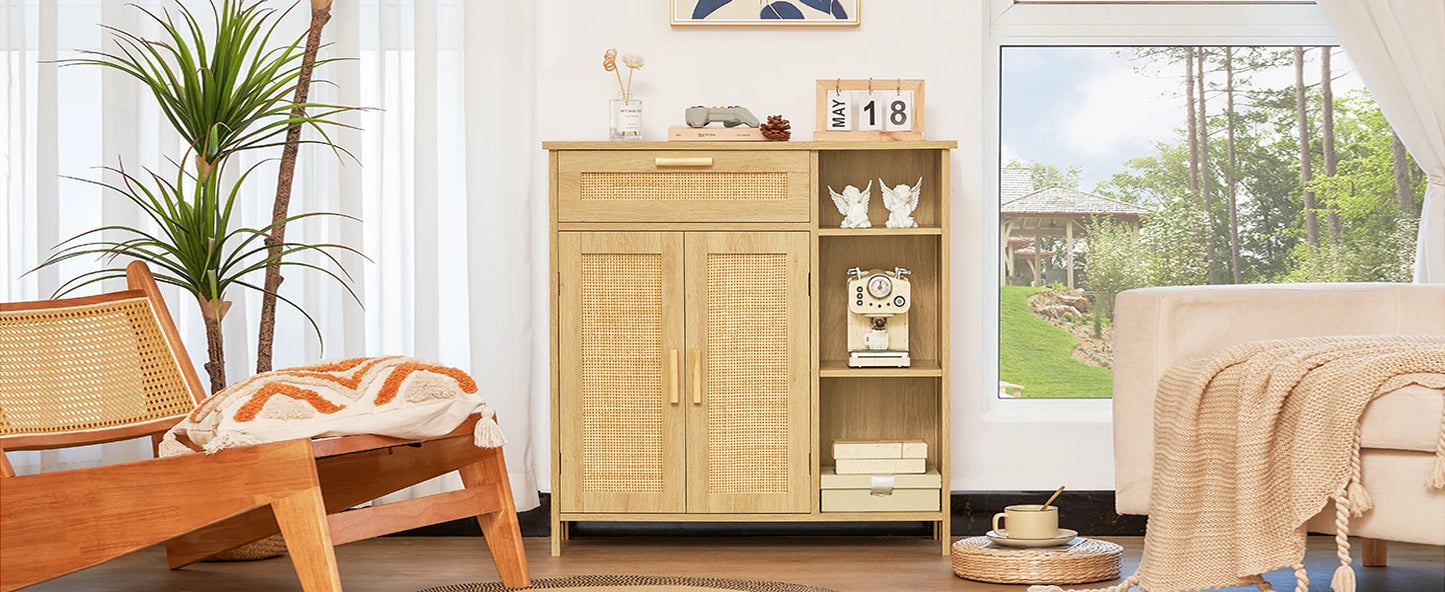 Rattan Cabinet Locker with Rattan Door with Drawers and Adjustable Shelves Living Room Floor Cabinet Entrance Channel Natural