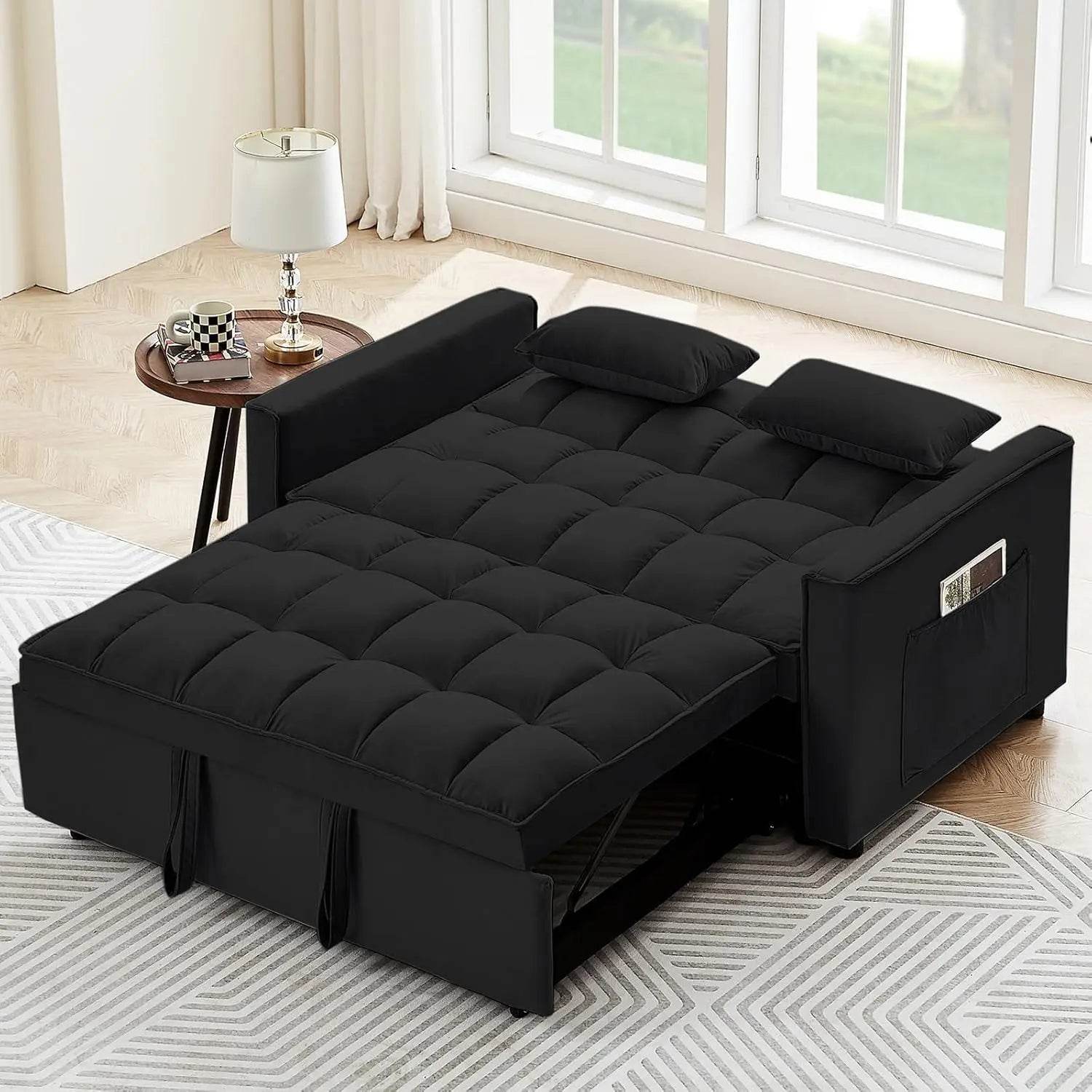 Convertible Sofa Bed, 3-in-1 Multi-Functional Velvet Sleeper Pull-Out Couch, 55'' Loveseat Bed Chaise Lounge with Adjustable - MarvelouStoree