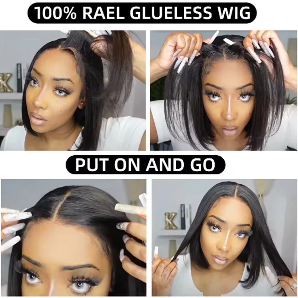 14Inch Wear And Go Glueless Wigs Short Straight Human Hair Bob Straight PreCut Lace Frontal Wigs Upgraded No Glue Wigs For Women