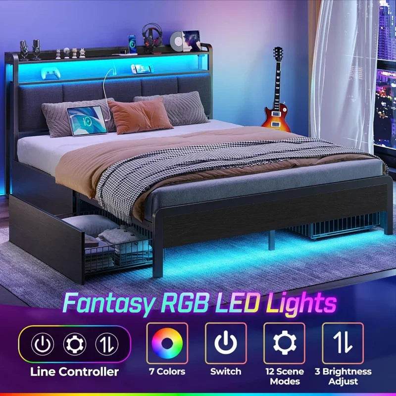 Rolar Bed Frame Queen Size with Charging Station and LED Lights,Upholstered Storage Headboard with Drawers,Heavy Duty Metal - MarvelouStoree