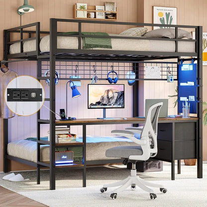 Full Size Double Bed with Desk and Charging Station with Led Light and Storage Rack, Safety Guard and Ladder