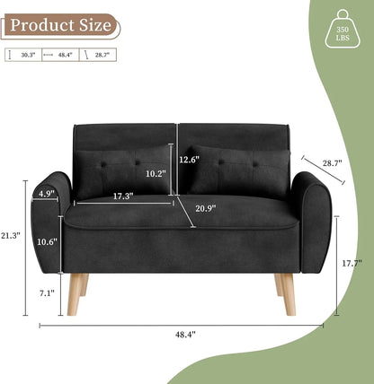 Vongrasig 47" Small Modern Loveseat Sofa, Mid Century Linen Fabric 2-Seat Sofa Couch Tufted Love Seat with Back Cushions