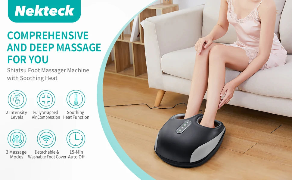 Nekteck Shiatsu Foot Massager Machine Deep Kneading with Heat Air Compression Roller Vibration Massage Relieve Muscle Relaxation