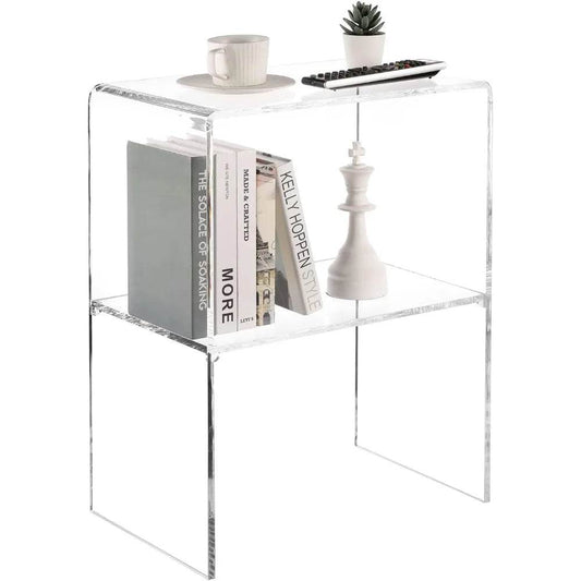 24 Inch Premium Clear Acrylic End Table, Decorative Living Room Side Table with 2 Tier Display Shelf - MarvelouStoree