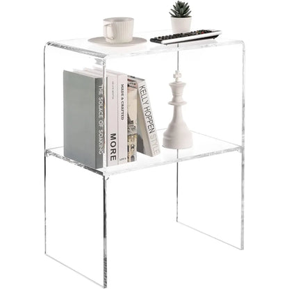 24 Inch Premium Clear Acrylic End Table, Decorative Living Room Side Table with 2 Tier Display Shelf