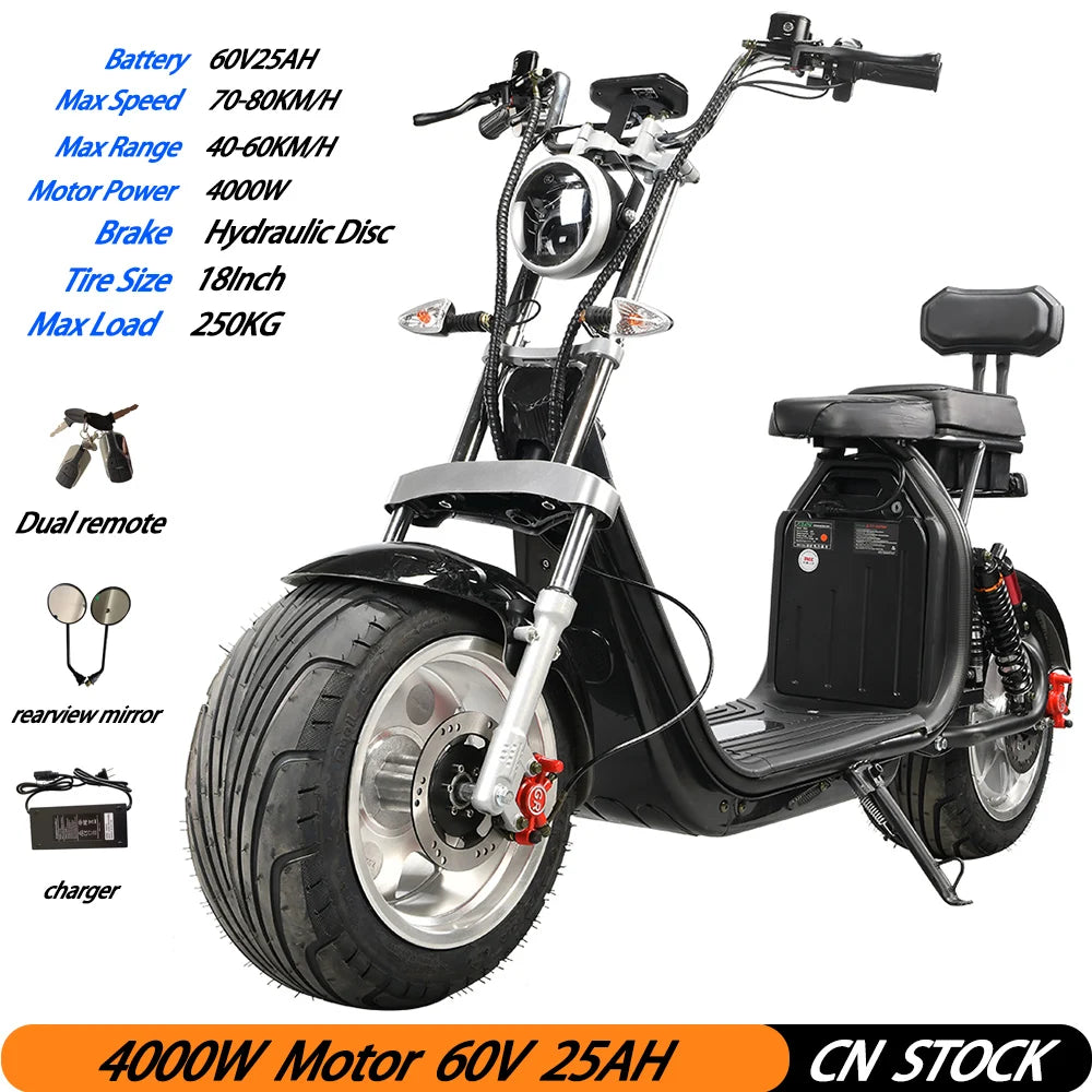 60V25AH 4000W Motor Citycoco Electric Scooter 18 Inch Snowfield Off-road Tire Max Speed 70-80KM/H Max Load 250KG USA STOCK