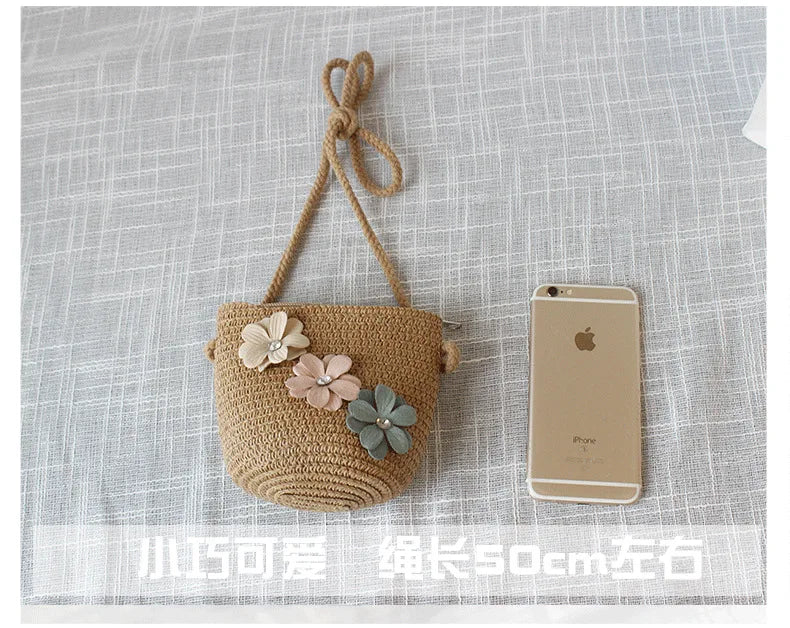 Summer Children's Straw Woven Messenger Bag Lovely Girls Small Coin Purse Handbags Baby Kids Mini Shoulder Bags Princess Wallet