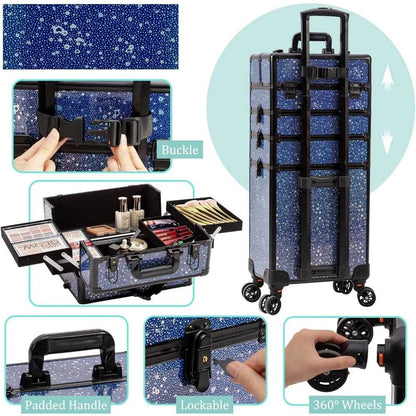 Rolling Makeup Train Case Large Storage Cosmetic Trolley 5 in 1 Large Capacity Trolley Makeup Travel Case with Key Swivel Wheels - MarvelouStoree