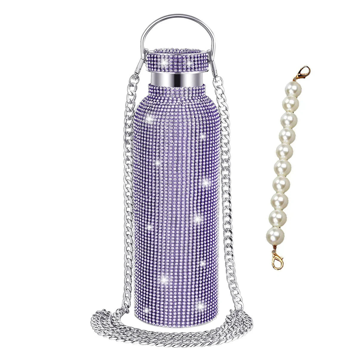 500/750/1000ml Diamond Thermos Bottle With 2pcs Chain Portable Rhinestone Water Bottle Double Wall Stainless Steel Thermal Flask