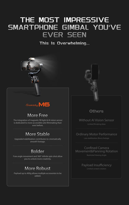 Hohem iSteady M6 3-Axis Handheld Gimbal Stabilizer with Tripod AI Magnetic Fill Light for Smartphone iPhone Huawei Samsung