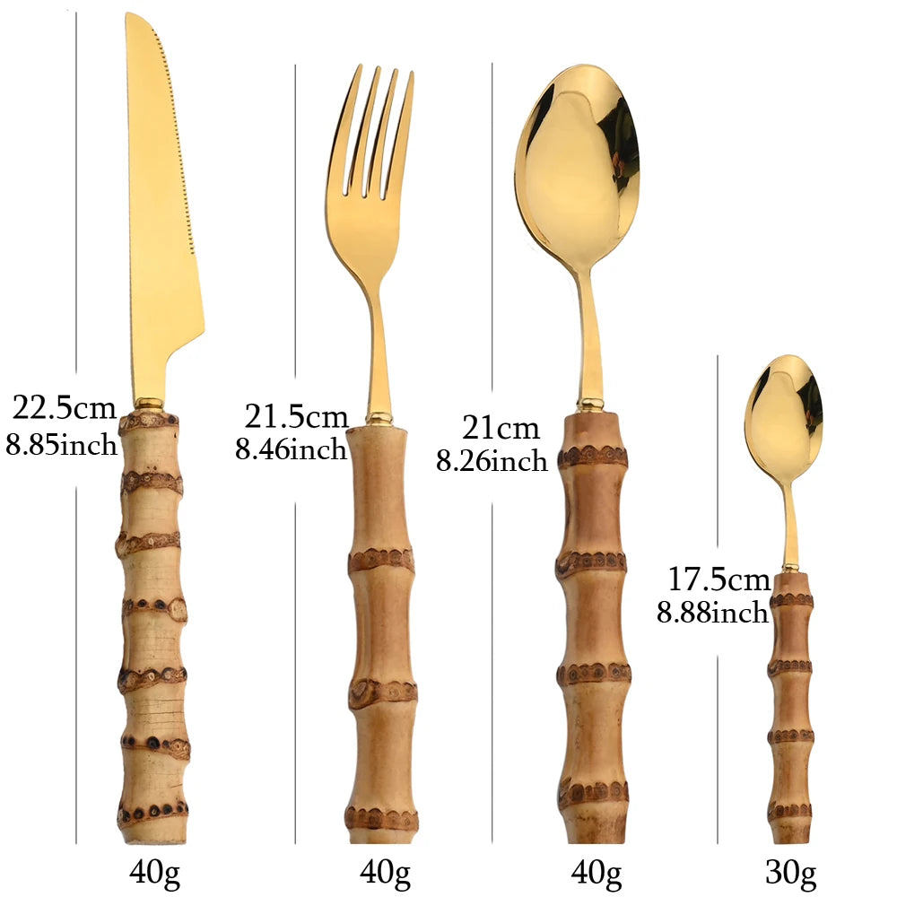 24Pcs Bamboo Tableware Sets Stainless Steel Bamboo Cutlery Set Purely Natural Handle Flatware Set Dinnerware Steak Knife Cutlery