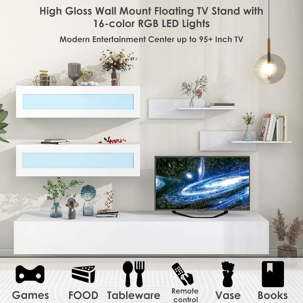 Wall Mount Floating TV Stand with Four Media Storage Cabinets and Two Shelves, 95+ Inch Television, 16-Color RGB LED Lights