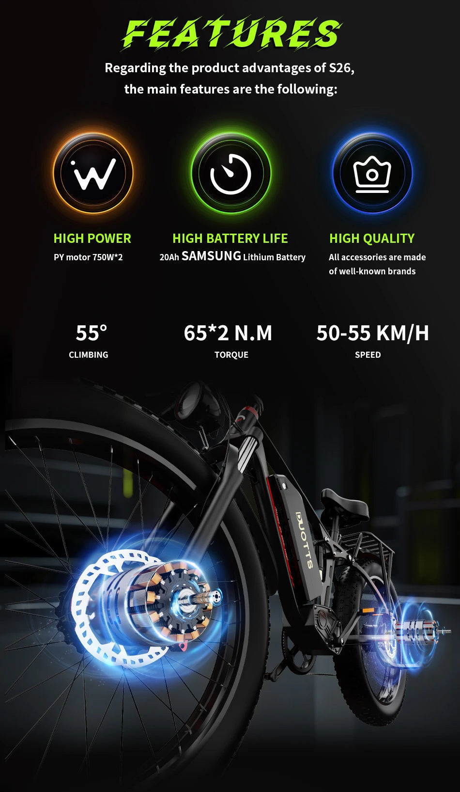 Stock DUOTTS S26 Dual Motor 750W*2 Electric Bike with 48V 20AH Lithium Battery Snow Mountain Fat Tire for Adults EU Warehouse