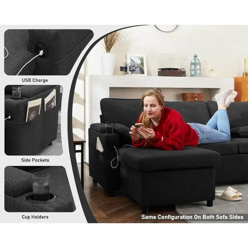 DURASPACE Sofa Bed Pull Out Couch Sleeper with Storage Chaise, with USB Charging Ports, Cup Holder - MarvelouStoree