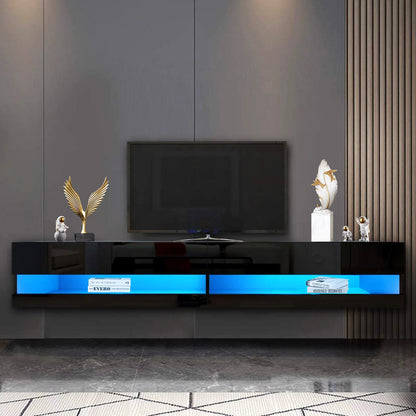 71" Floating TV Stand for 75/80" TV, Wall Mounted LED TV Stand w/Power Outlets, Modern High Gloss Media Console, White/Black