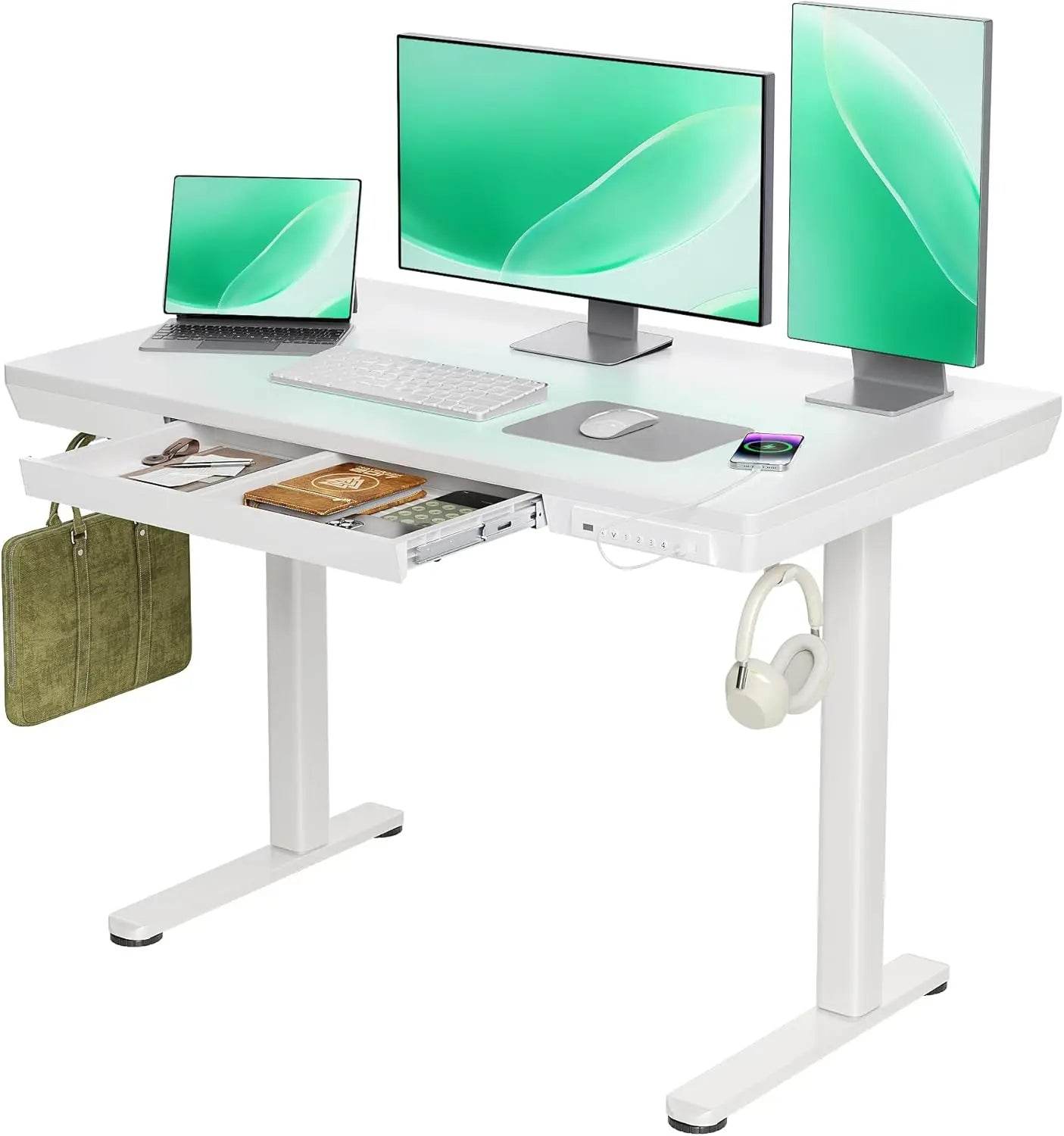 Glass Standing Desk with Drawers, 48×24 Inch Adjustable Stand Up Desk, Quick Install Home Office Computer Desk with USB Ports - MarvelouStoree