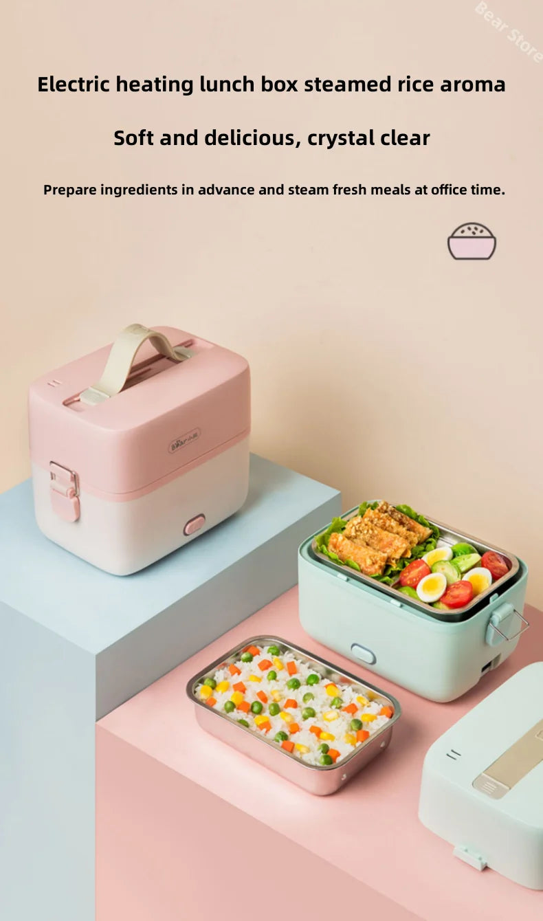 Bear Double-layer Electric Heating Lunch Box Portable Small Bento Heat Food Quickly Steamed Rice Cooked Vegetables Working Meal