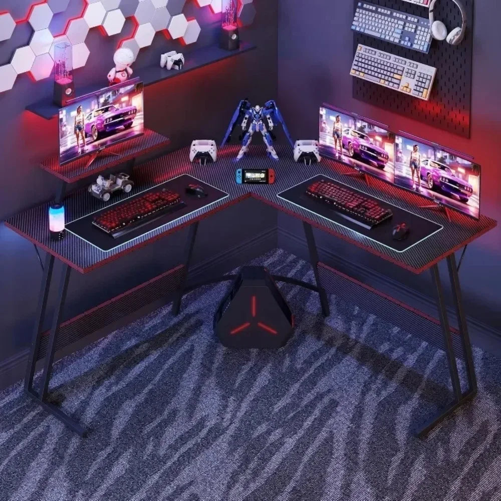 L Shaped Gaming Desk, 51 Inch Computer Corner Table with Large Monitor Stand & Carbon Fiber Surface for Home Office Study