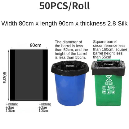 50PCS/1Roll Large Garbage Bags 50L/100L Black Hotel Property Super Large Plastic Bag Flat Mouth Thickening Trash Bags