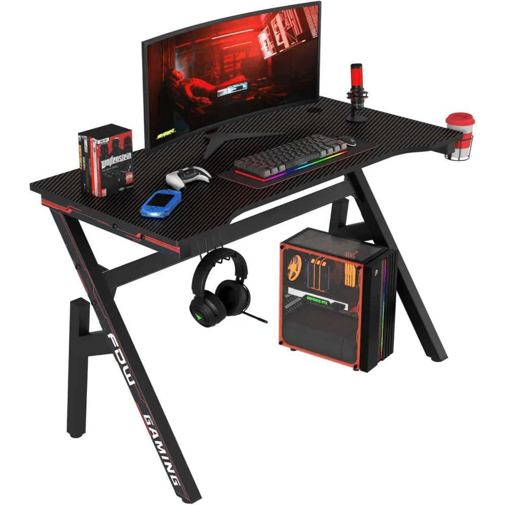 47 Inch Home Office Desk Extra Large Modern Ergonomic PC Carbon Fiber Table Gamer Workstation with Cup Holder Headphone Hook - MarvelouStoree