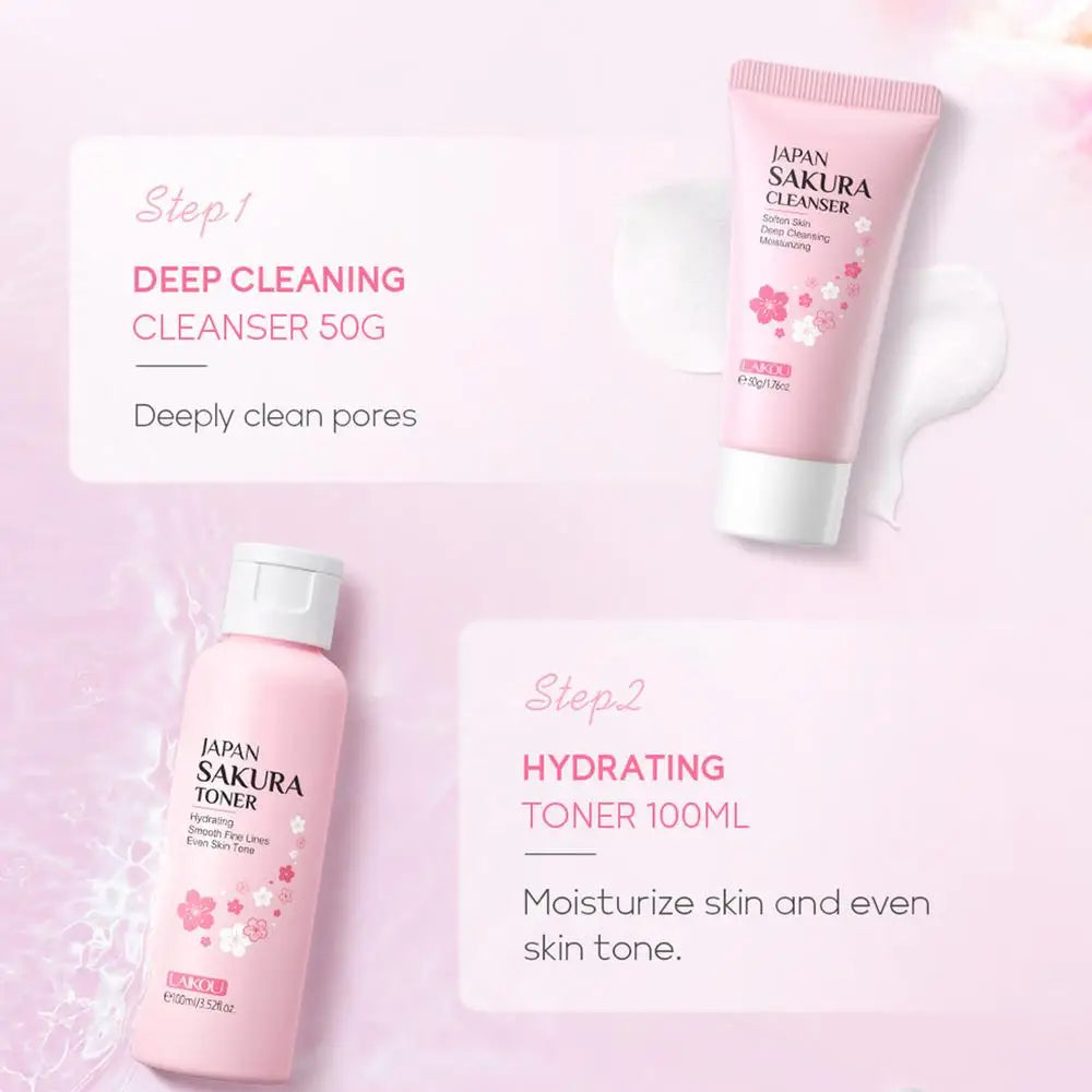 Sakura Facial Cleaner Korean Face Serum Anti Acne Peeling Gel Moisturize Fade Dark Circles Eye Cream Skin Care Set women gift