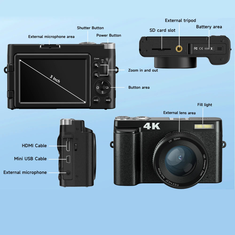 4K Digital Camera for Photography and Video Autofocus Anti-Shake 48MP Compact Vlogging Camera 3'' 180° Flip Screen with Flash