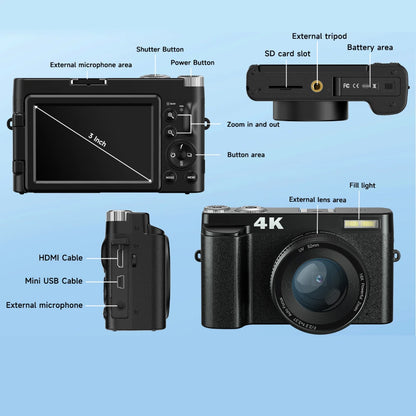 4K Digital Camera for Photography and Video Autofocus Anti-Shake 48MP Compact Vlogging Camera 3'' 180° Flip Screen with Flash