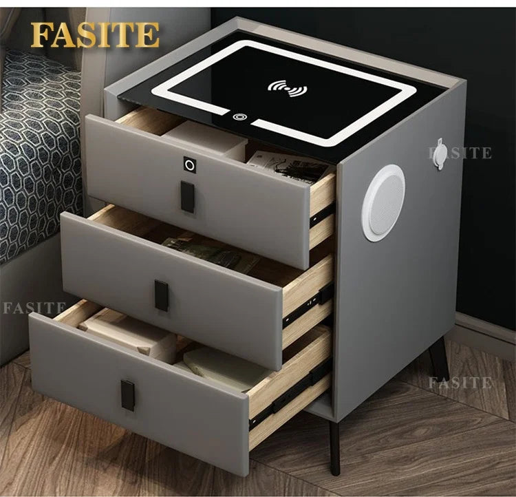 3 Drawers Smart Bedside Table with Wireless Charging Solid Wood Bedroom End with Fingerprints Lock Hotel Nightstands