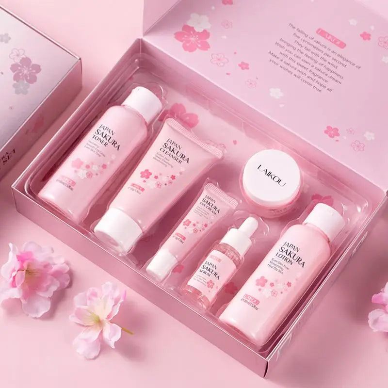 Sakura Facial Cleaner Korean Face Serum Anti Acne Peeling Gel Moisturize Fade Dark Circles Eye Cream Skin Care Set women gift