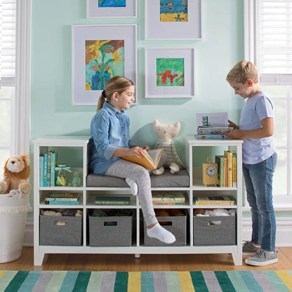 Kids' Reading Nook - Creamy White: Wooden Storage Bench Bookshelf Organizer with Seat Cushion, and Fabric Bins for Toys, Books