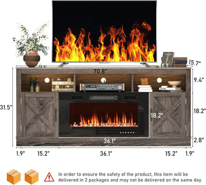 Farmhouse Fireplace TV Stand for 70/75/80 Inch TV, 32”Tall Entertainment Center w/ 36”Electric & LED Light, 70”Media Console